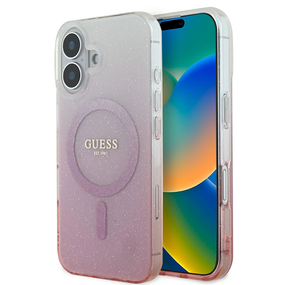 Калъф за iPhone 16 Plus - Guess IML Glitter Glitter Gradient MagSafe (GUHMP16MHGRCELP) - Розов
