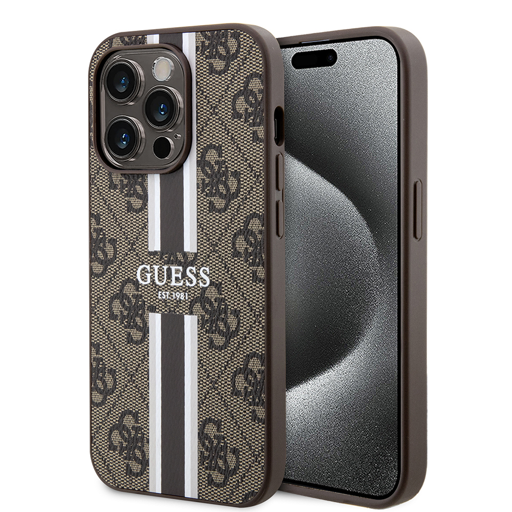 Калъф за iPhone 15 Pro - Guess Hardcase 4G Printed Stripes MagSafe (GUHMP15LP4RPSW) - Кафяв