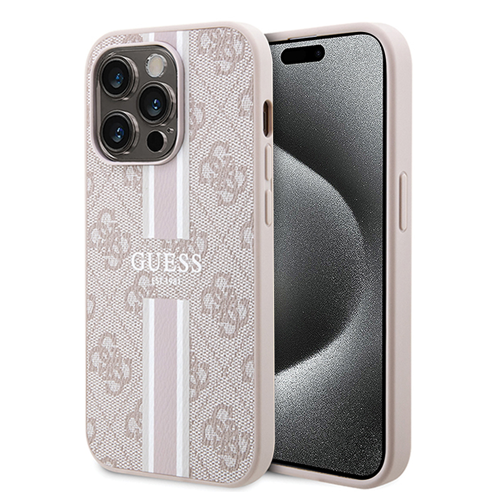 Калъф за iPhone 15 Pro - Guess Hardcase 4G Printed Stripes MagSafe (GUHMP15LP4RPSP) - Розов