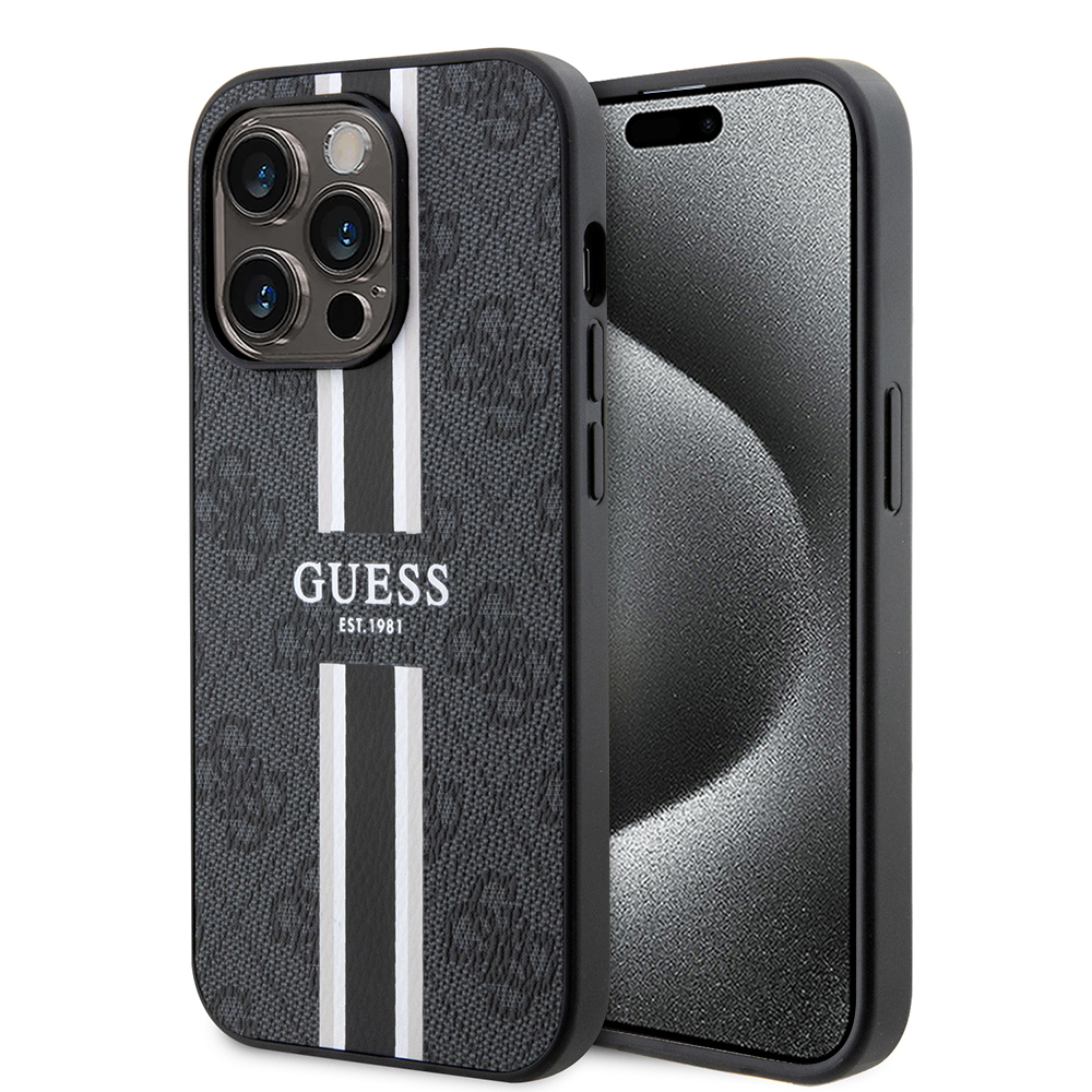 Калъф за iPhone 15 Pro Max - Guess Hardcase 4G Printed Stripes MagSafe (GUHMP15XP4RPSK) - Черен