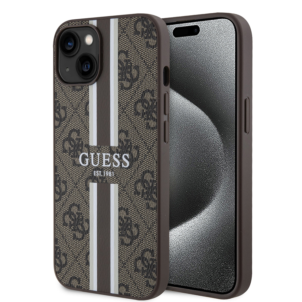 Калъф за iPhone 15 - Guess Hardcase 4G Printed Stripes MagSafe (GUHMP15SP4RPSW) - Кафяв