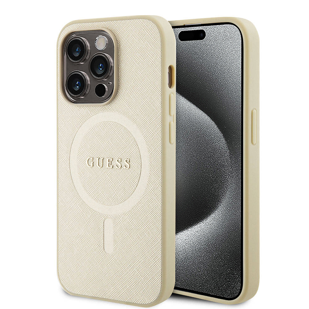 Калъф за iPhone 15 Pro Max - Guess Saffiano MagSafe (GUHMP15XPSAHAHMCB) - златен