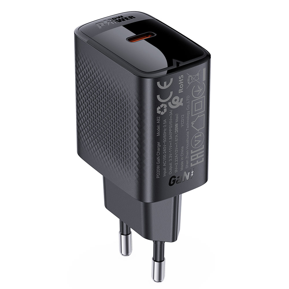 Char Charger за Priza, Type-C, PD20W, GaN, Fast Charging - Acefast (A82) - Черно