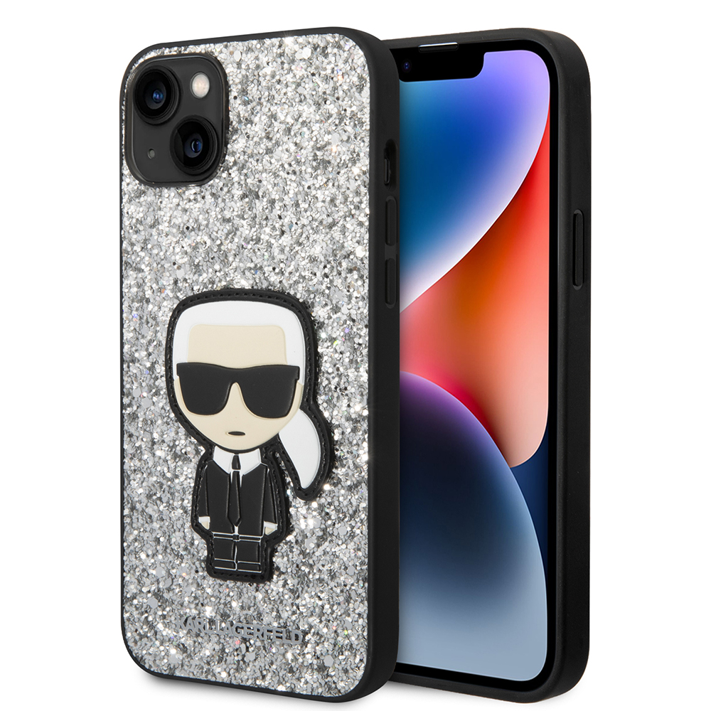 Калъф за iPhone 14 Plus - Karl Lagerfeld Hardcase Glitter (KLHCP14MGFKPG) - Сребрист Flakes Ikonik