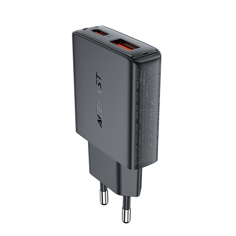 Зарядно Type-C, USB, за Priza, PD30W, GaN - Acefast (A69) - Черно