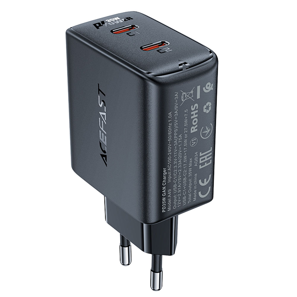 Батерия за EU Plug, 2x Type-C, GaN, универсална - Acefast (A49) - черна