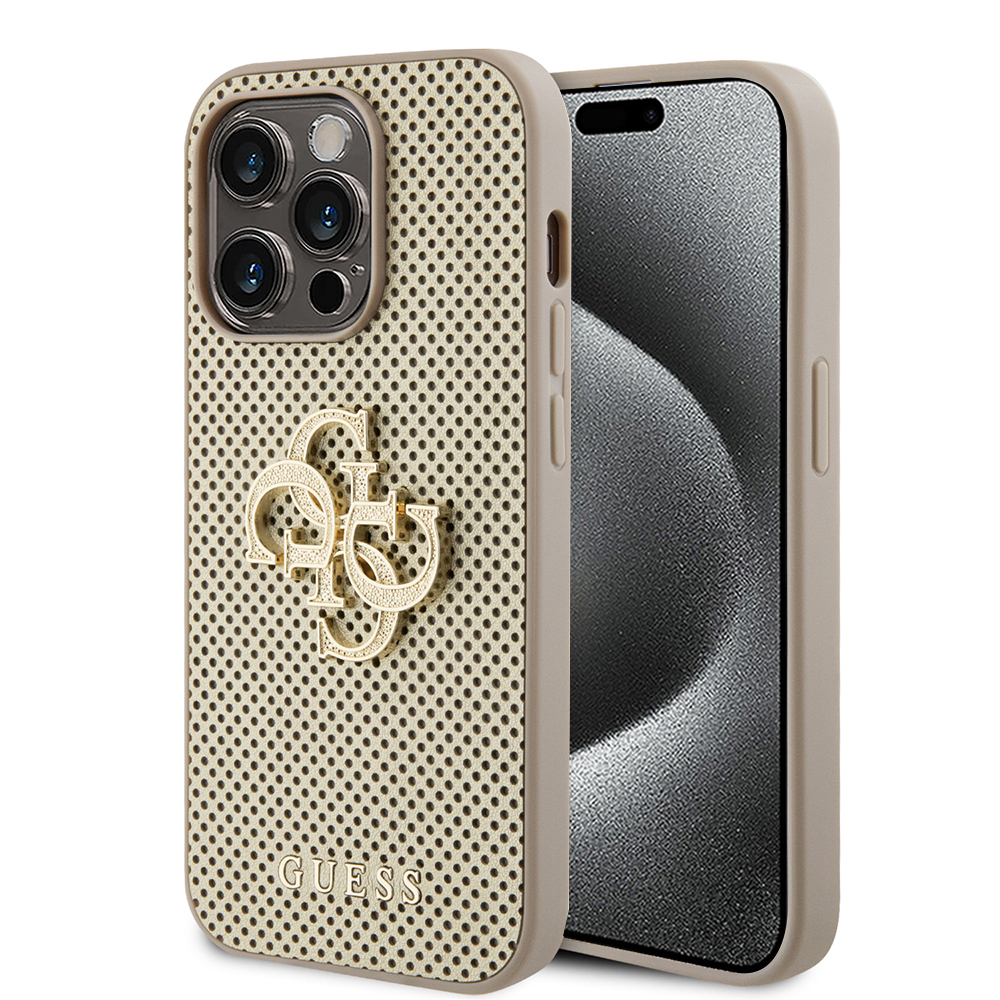 Калъф за iPhone 15 Pro Max - Guess Leather Perforated 4G (GUHCP15XPSP4LGD) - златен