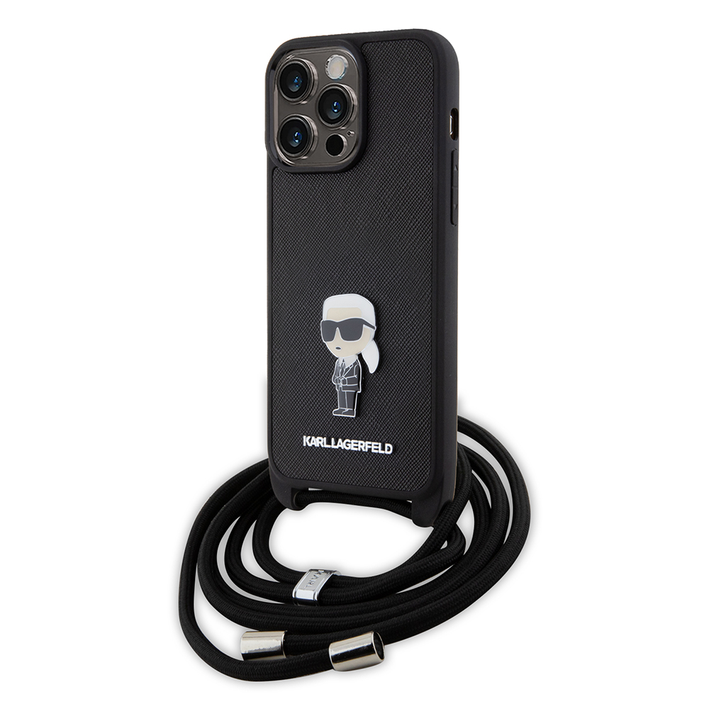 Калъф за iPhone 15 Pro Max - Karl Lagerfeld Saffiano Crossbody (KLHCP15XSASASKKNPSK) - монограм метална игла Karl