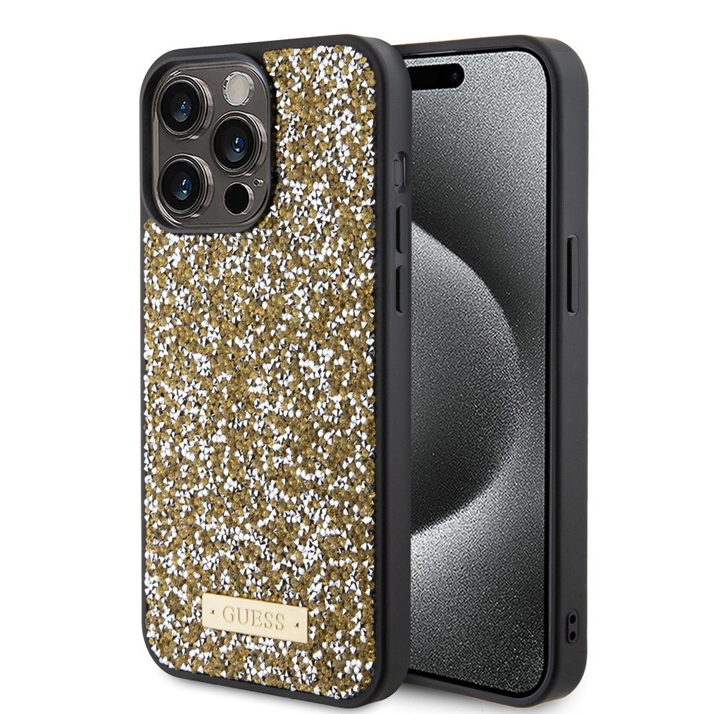 Калъф за iPhone 15 Pro - Guess Rhinestone Metal Logo (GUHCP15LPFGSBSD) - Жълт