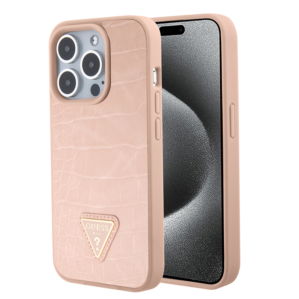 Калъф за iPhone 15 Pro Max - Guess Croco Croco Triangle Metal Logo (GUHCP15XPCRTHCP) - Розов