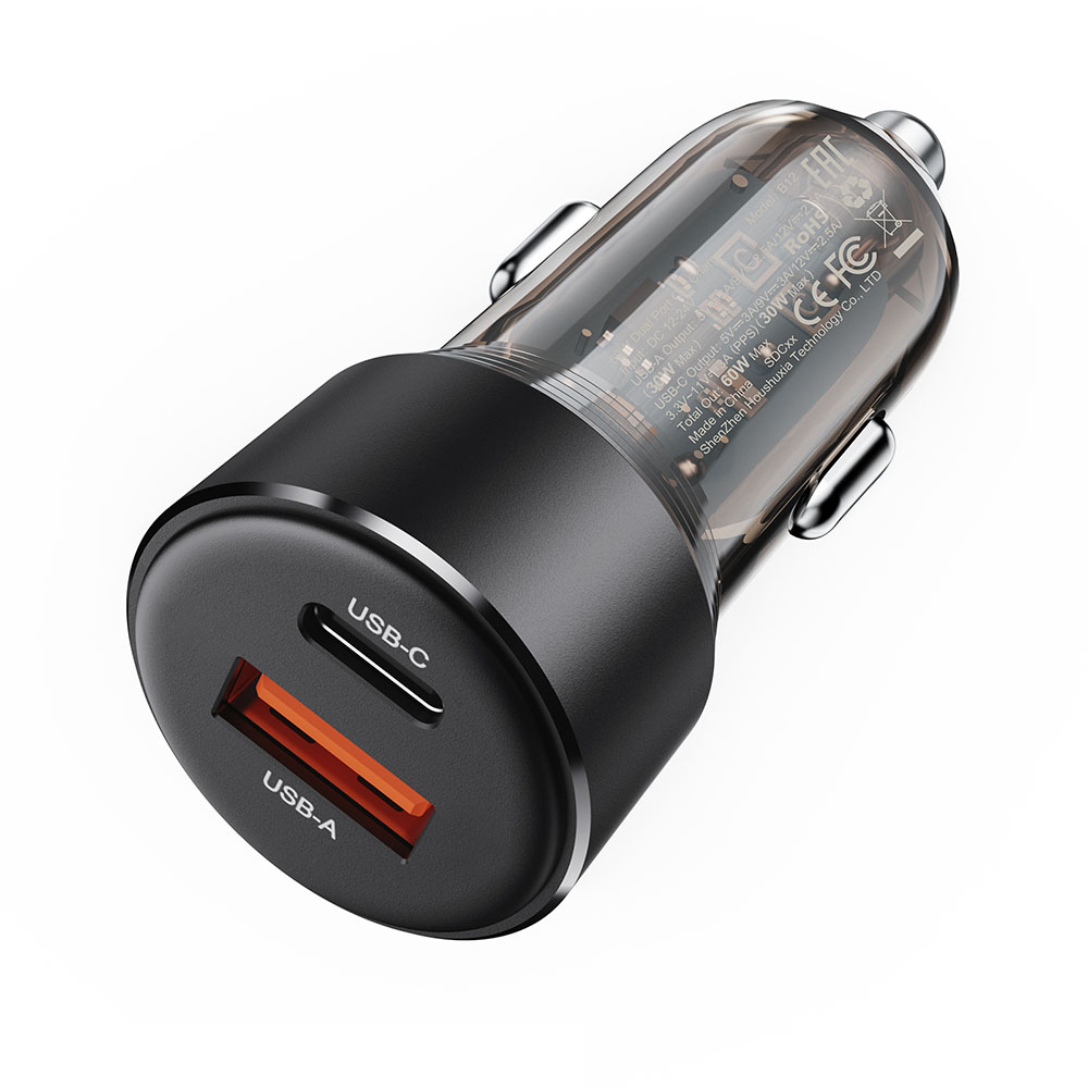 USB автоматично зарядно устройство, Type-C, 60 W, двойно бързо зареждане - Acefast (B12) - черно