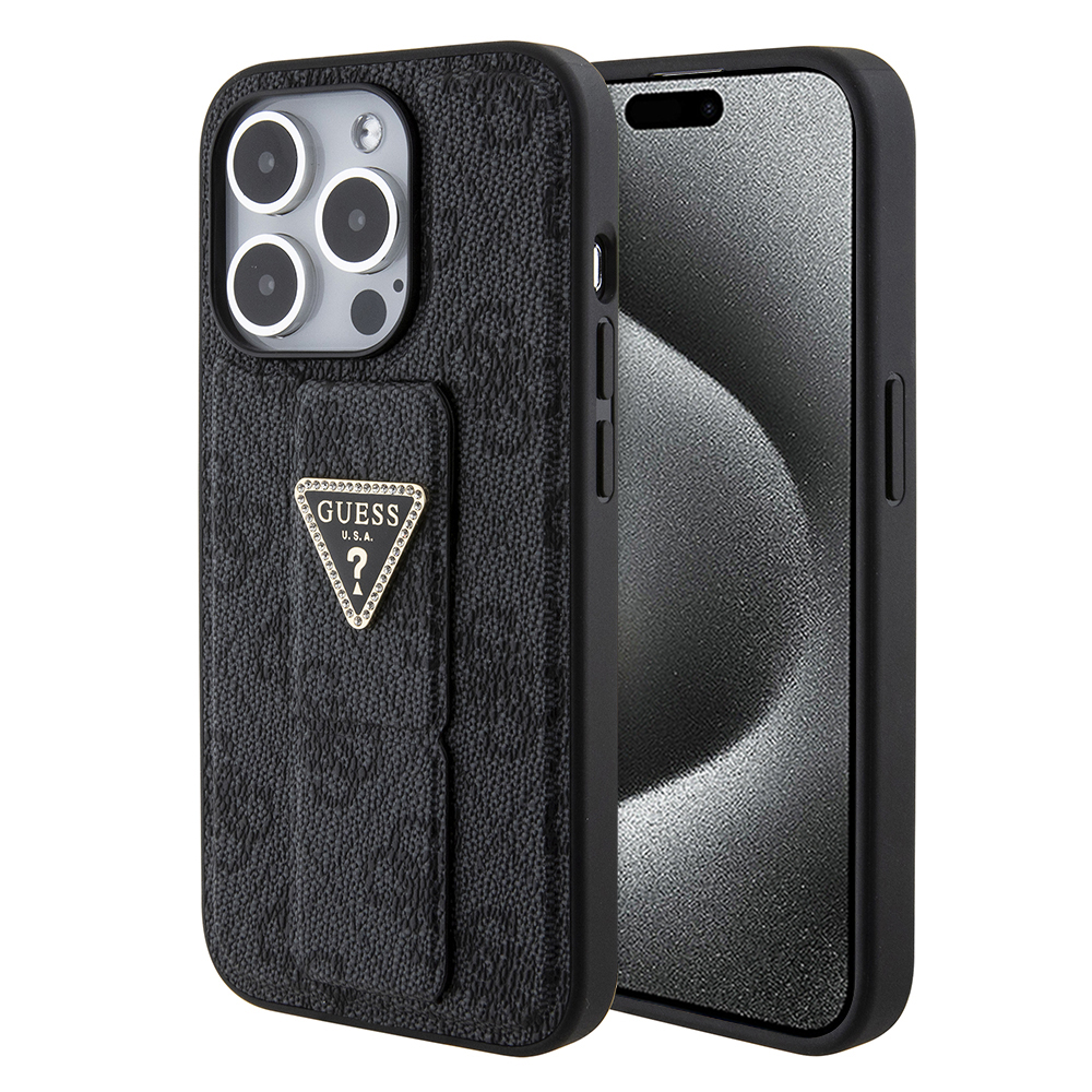 Калъф за iPhone 15 Pro - Guess Grip Stand 4G Triangle Triangle Strass (GUHCP15LPGS4TDK) - Черен