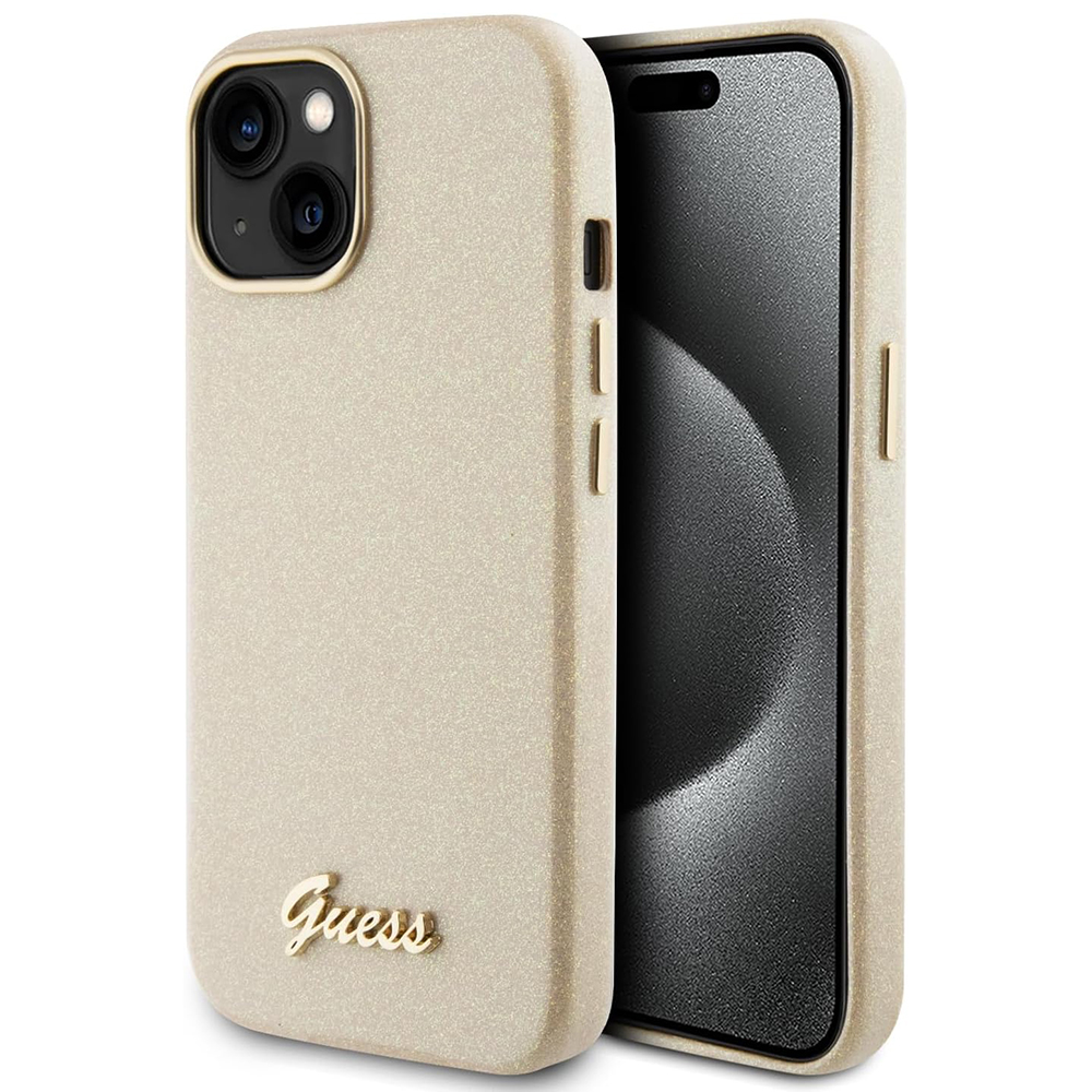 Калъф за iPhone 15 - Guess Glitter Glossy Glossy Script (GUHCP15SPGMCSD) - Sparkle Бежов
