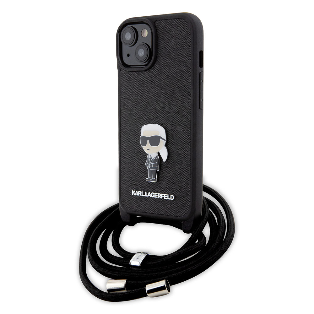 Калъф за iPhone 15 - Karl Lagerfeld Saffiano Crossbody (KLHCP15SSASKKNPSK) - монограм, метална игла Karl