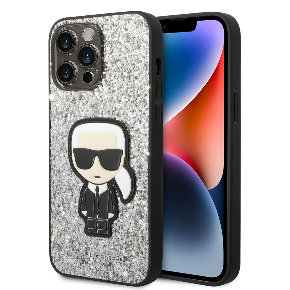 Калъф за iPhone 14 Pro Max - Karl Lagerfeld Hardcase Glitter (KLHCP14XGFKPG) - Сребрист Flakes Ikonik