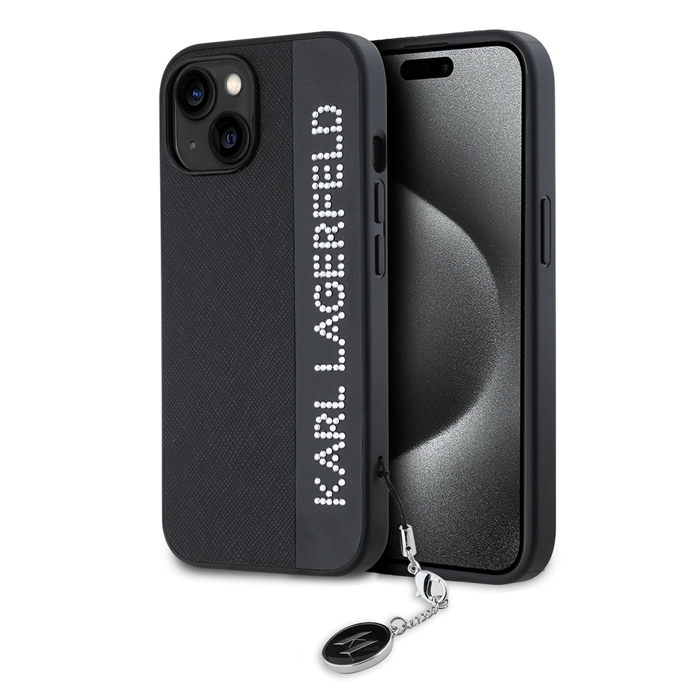 Калъф за iPhone 15 - Karl Lagerfeld Saffiano Rhinestones&Charm (KLHCHCP15SPSAKAKDGCK) - Черен