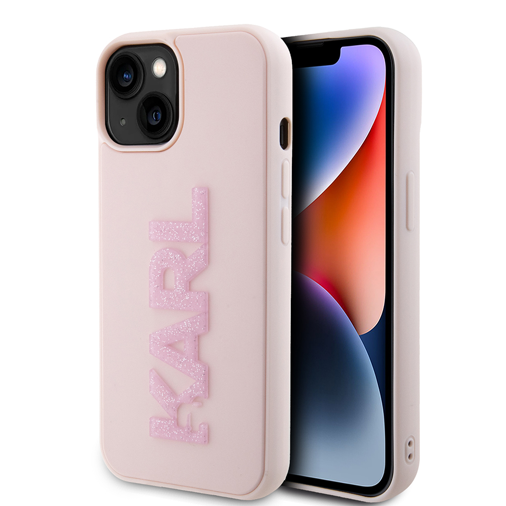 Калъф за iPhone 15 - Karl Lagerfeld 3D Design (KLHCP15S3DMBKCP) - Розово гумено блестящо лого