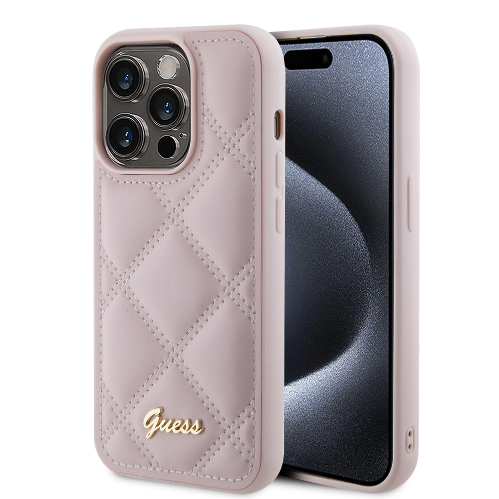 Калъф за iPhone 15 Pro Max - Guess Quilted Metal Logo (GUHCP15XPSQQSQSP) - Розов