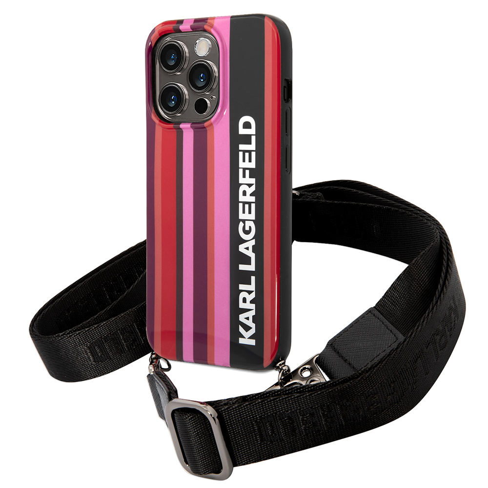 Калъф за IPhone 14 Pro Max - твърд калъф Karl Lagerfeld с каишка (KLHCP14XSTSTP) - розови цветни ивици