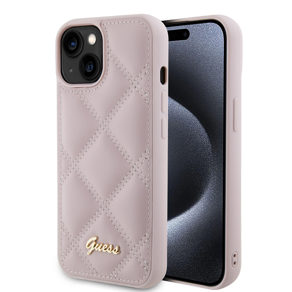 Калъф за iPhone 15 - Guess Quilted Metal Logo (GUHCP15SPSQQSQSP) - Розов