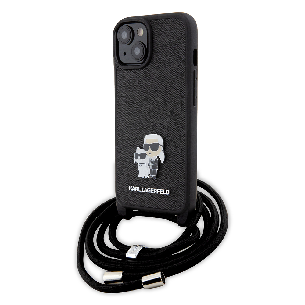 Калъф за iPhone 15 Plus - Karl Lagerfeld Saffiano Crossbody (KLHCP15MSAKAKCPSK) - Metal Pin Karl&Choupette