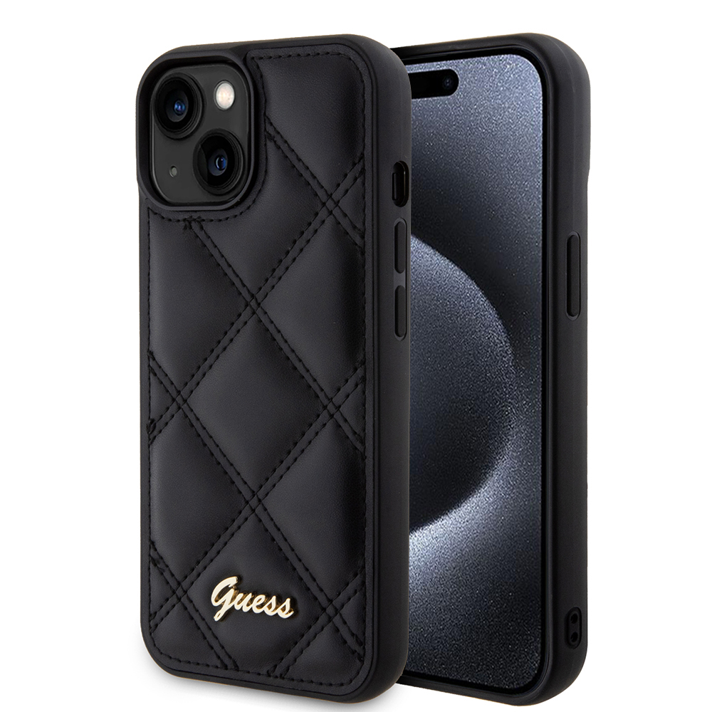 Калъф за iPhone 15 - Guess Quilted Metal Logo (GUHCP15SPSQQSQQSK) - Черен