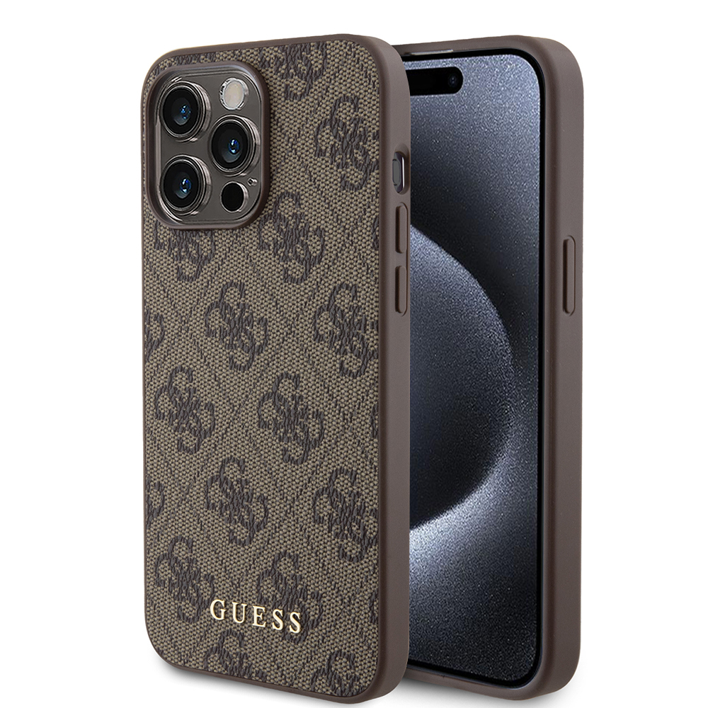 Калъф за iPhone 15 Pro Max - Guess Hardcase 4G Metal Златист Logo (GUHCP15XG4GFBR) - Кафяв