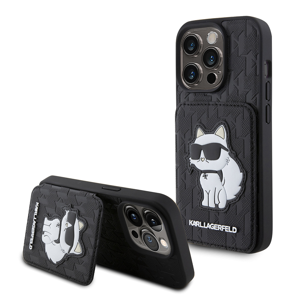 Калъф за iPhone 15 Pro - Karl Lagerfeld Saffiano Cardslots and Stand (KLHCP15LSAKCNSCK) - Monogram Choupette