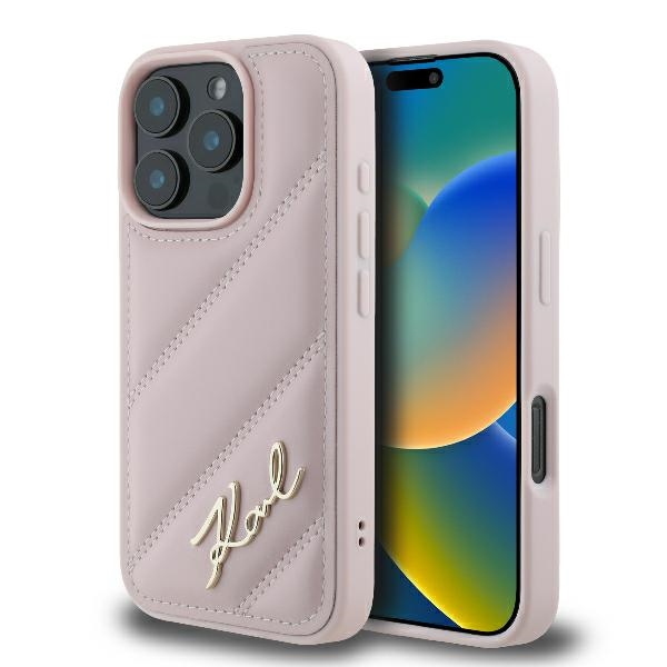 Калъф за iPhone 16 Pro - Karl Lagerfeld Diagonal Quilted Script (KLHCP16LPQQDSMGP) - Розов