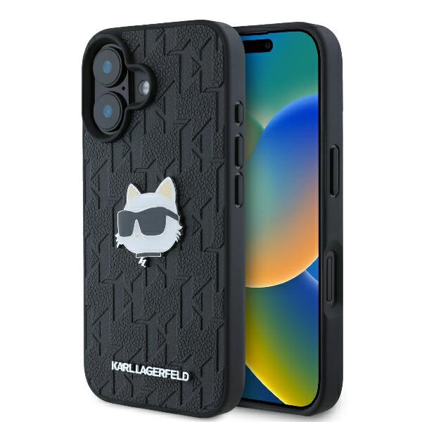 Калъф за IPhone 16 - Карл Лагерфелд, твърд калъф, кожен монограм (KLHCHCP16SPGKLCHPK) - игла за глава Choupette