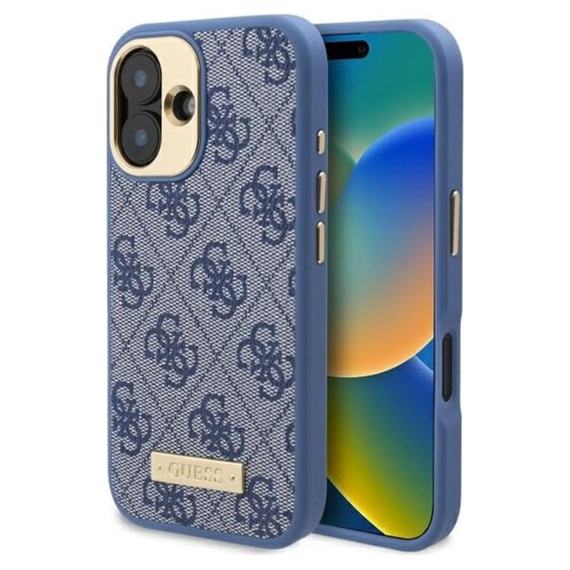 Калъф за iPhone 16 - Guess Hardcase 4G Logo Plate MagSafe (GUHMP16SU4GPRB) - Син