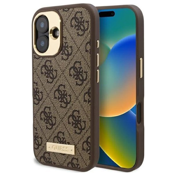 Калъф за iPhone 16 - Guess Hardcase 4G Logo Plate MagSafe (GUHMP16SU4GPRW) - Кафяв