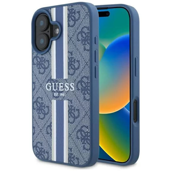 Калъф за iPhone 16 - Guess Hardcase 4G Printed Stripes MagSafe (GUHMP16SP4RPSB) - Син