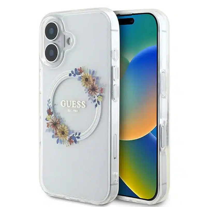 Калъф за iPhone 16 - Guess IML Flowers Wreath MagSafe (GUHMP16SHFHFWWFFCT) - Прозрачен