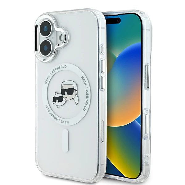 Калъф за iPhone 16 - Karl Lagerfeld IML MagSafe (KLHMP16SHLSKCH) - Бял метал Karl&Choupette Head