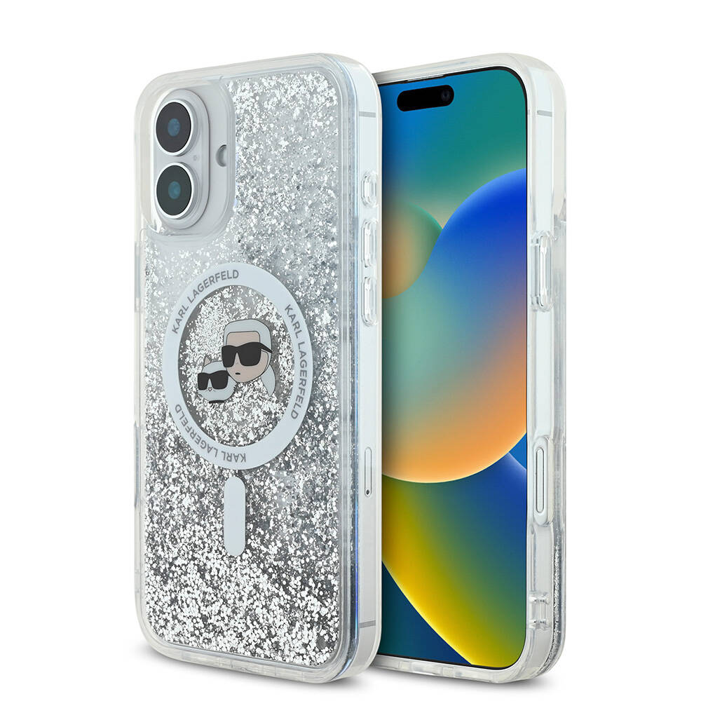 Калъф за iPhone 16 Plus - Karl Lagerfeld Liquid Glitter MagSafe (KLHMP16MLGKKCSGH) - Прозрачен Karl&Choupette Head