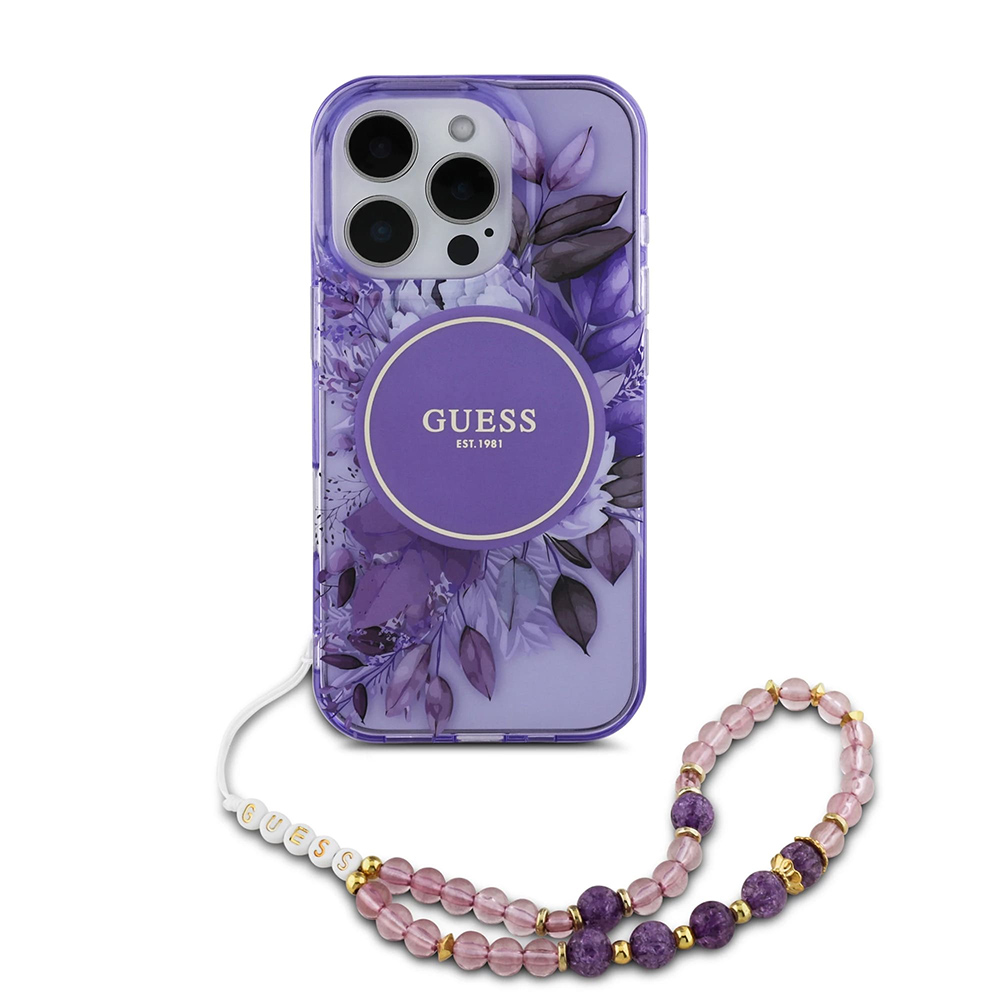 Калъф за iPhone 16 Pro Max - Guess IML Flowers with Pearl Strap MagSafe (GUHMP16XHFHFWWBRCESU) - Лилав