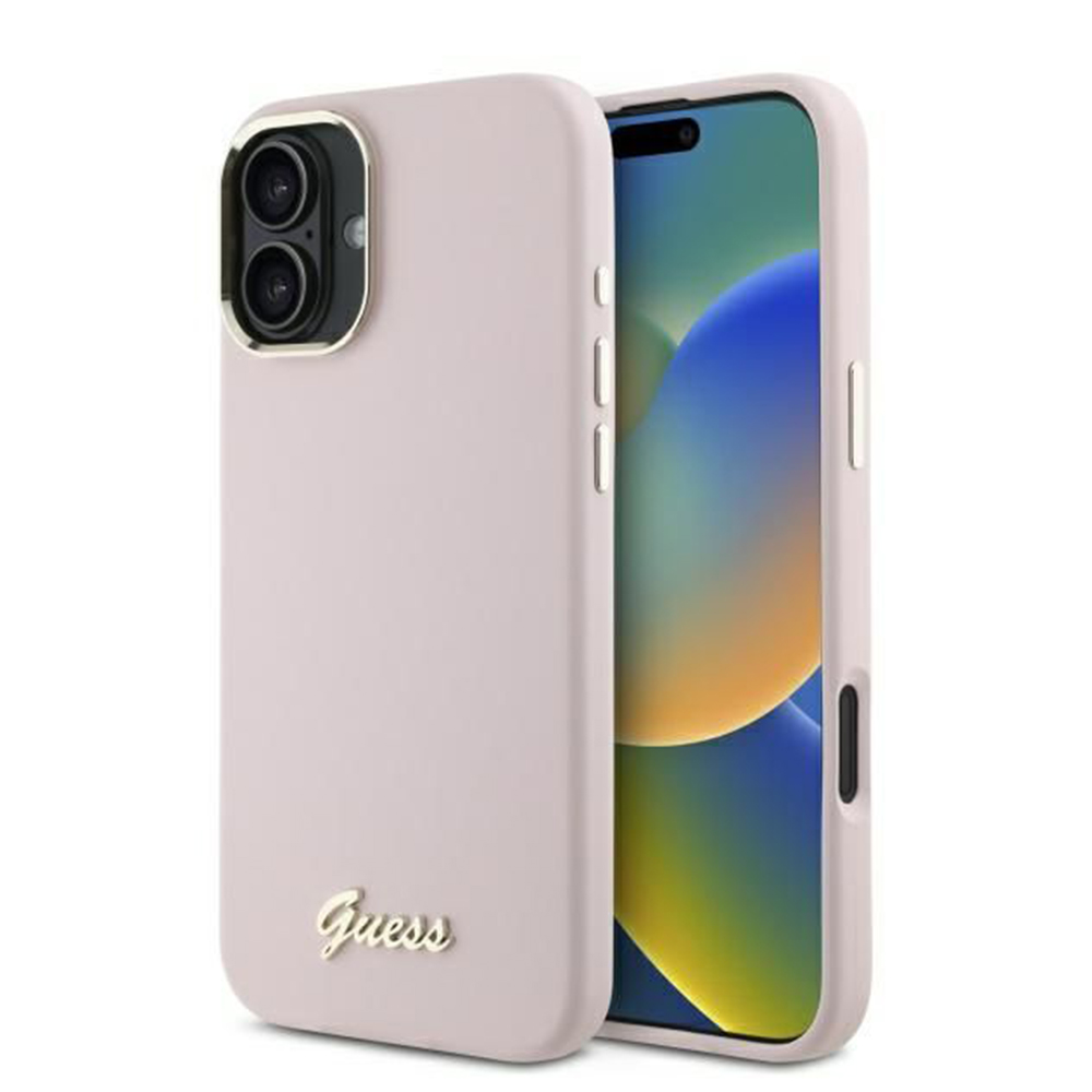 Калъф за iPhone 16 - Guess Silicone Script Metal Metal Logo & Frame (GUHCP16SSMBSLP) - Розов