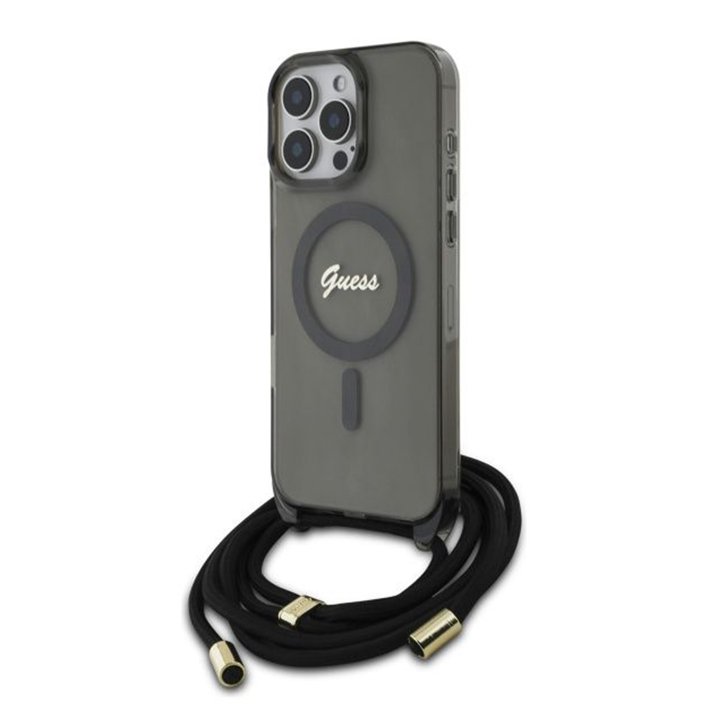 Калъф за iPhone 16 Pro - Guess IML Crossbody Cord Cord Script MagSafe (GUHMP16LHCTSGNSK) - Черен