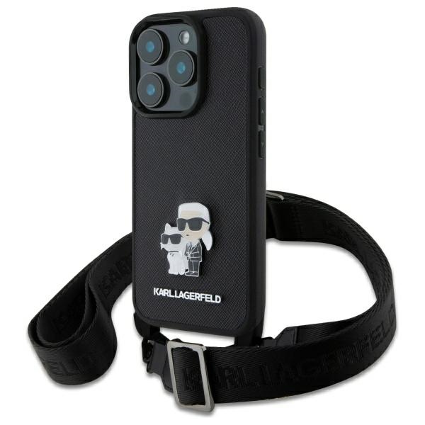 Калъф за iPhone 16 Pro - Karl Lagerfeld Saffiano Crossbody (KLHCP16LSAKCPCPBK) - Metal Pin Karl&Choupette