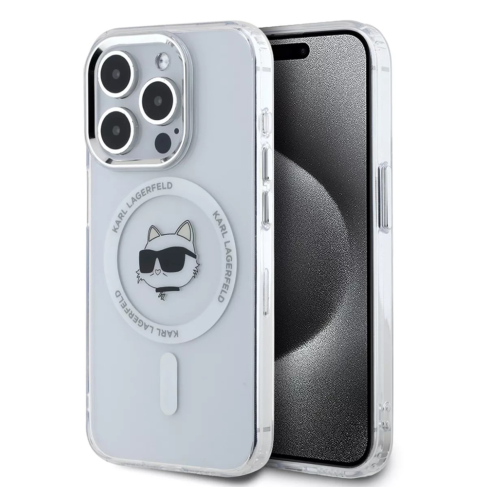 Калъф за iPhone 15 Pro Max - Karl Lagerfeld IML MagSafe (KLHMP15XHLSCHH) - Бял Metal Choupette`s Head
