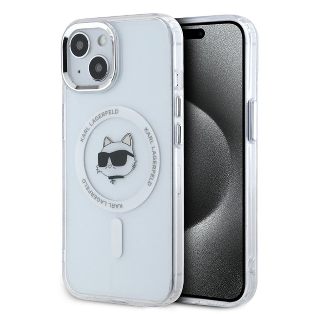 Калъф за iPhone 15 - Karl Lagerfeld IML MagSafe (KLHMP15SHLSCHH) - Бял Metal Choupette`s Head