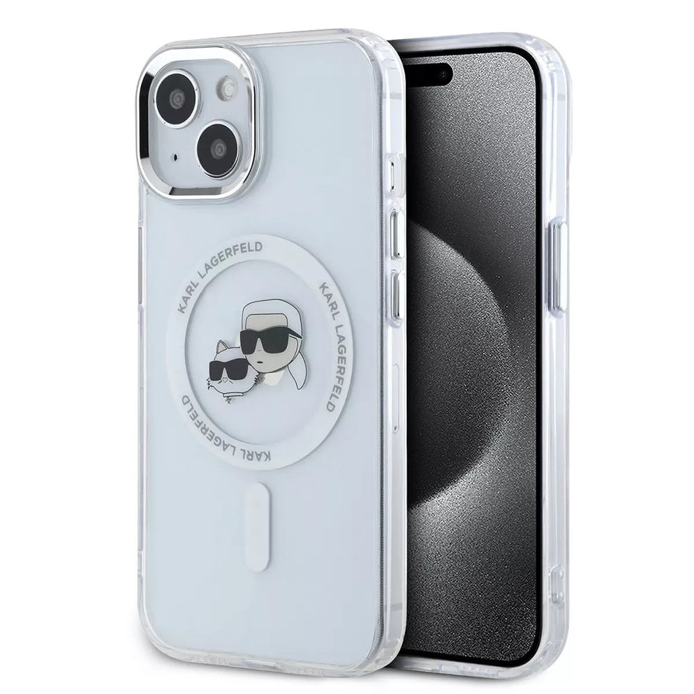 Калъф за iPhone 15 - Karl Lagerfeld IML MagSafe (KLHMP15SHLSKCH) - Бял метал Karl&Choupette Heads