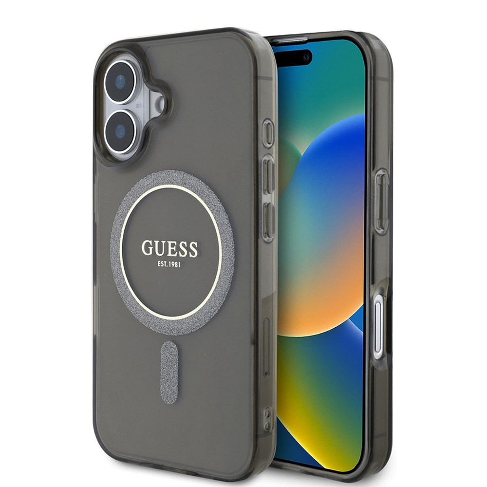 Калъф за iPhone 16 Plus - Guess IML Glitter Circle MagSafe (GUHMP16MHFHFGEREK) - Черен