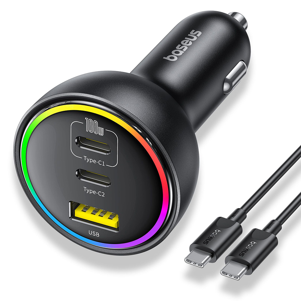 Зарядно за кола с RGB светлини, 2x Type-C, USB, 152,5 W, бързо зареждане - Baseus (C00036101111-00) - Cluster Черен