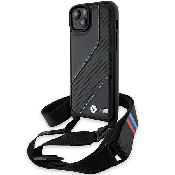Калъф за iPhone 15 Plus - BMW Leather M Edition Carbon Stripe & Strap (BMHCP15M23PSCCK) - Черен