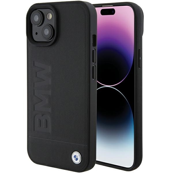 Калъф за iPhone 15 Plus - BMW Natural Leather Hot Stamp (BMHCCHCP15MSLLLLBK) - Черен