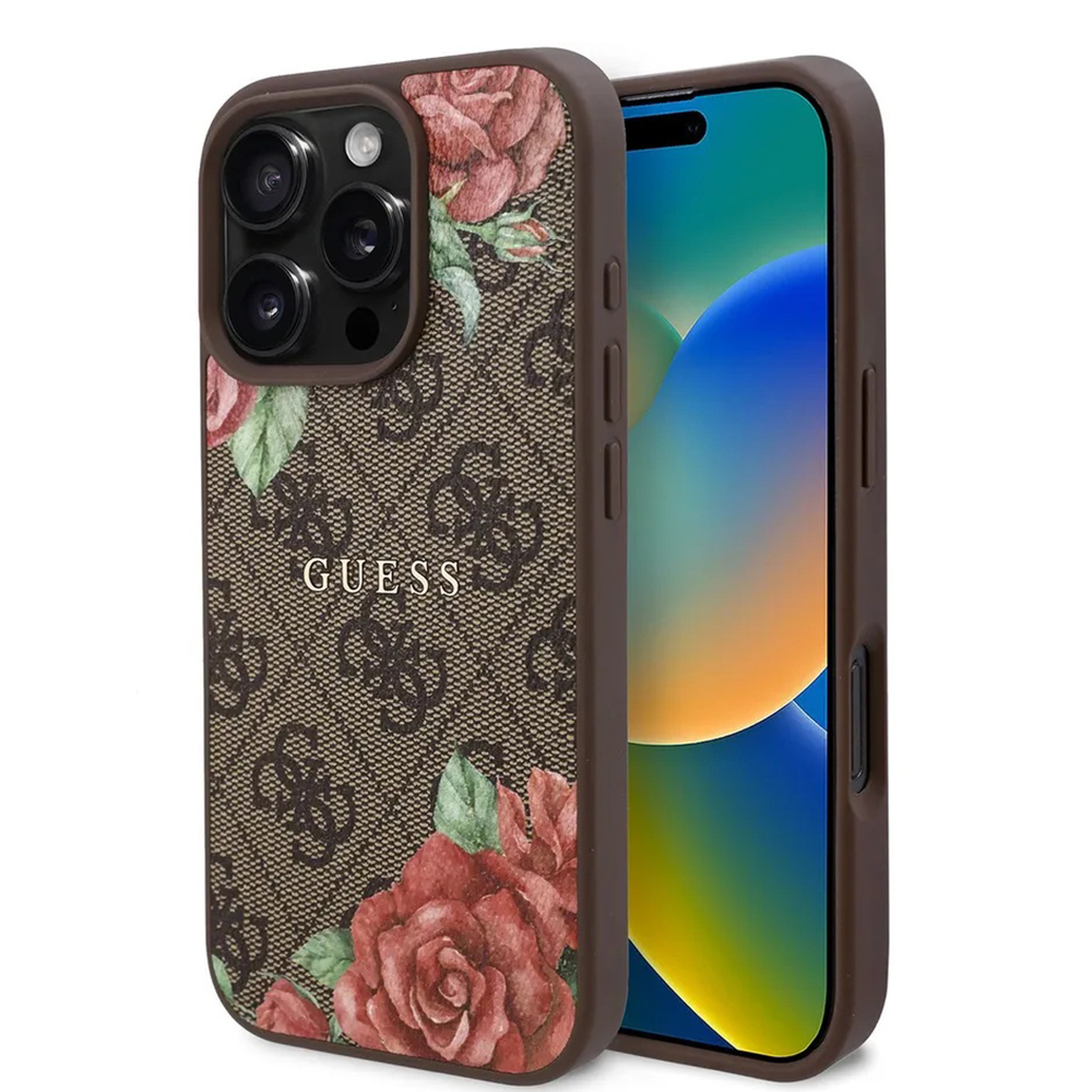 Калъф за iPhone 16 Pro Max - Guess Hardcase 4G Flower Print Flower Print MagSafe (GUHMP16XP4ROPEMCW) - Кафяв