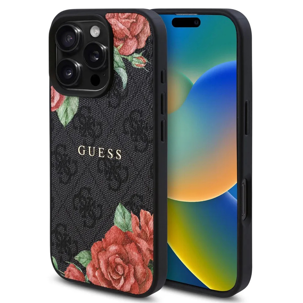 Калъф за iPhone 16 Pro - Guess Hardcase 4G Flower Print Flower Print MagSafe (GUHMP16LP4ROPEMCK) - Черен