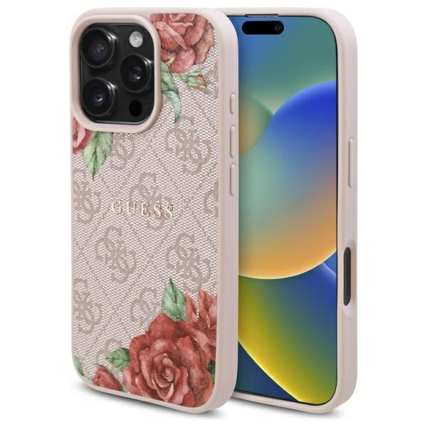 Калъф за iPhone 16 Pro Max - Guess Hardcase 4G Flower Print Flower Print MagSafe (GUHMP16XP4ROPEMCP) - Розов